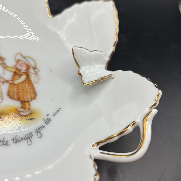 Vintage Holly Hobbie trinket dish White Decorative Leaf-Shaped Dish w/Gold Trim - Picture 4 of 6